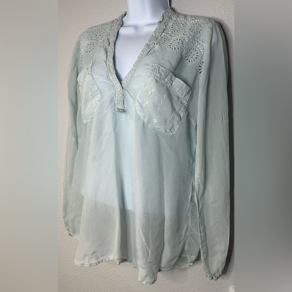 Johnny Was Womens Soft Mint Green Sheer Blouse Size Small